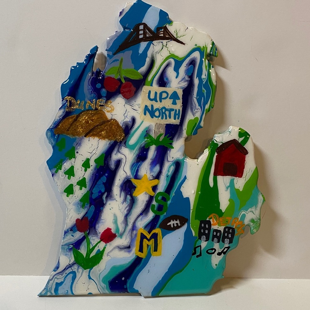 Michigan Mitten Acrylic Art Handmade Painting Resin Pour Wood Decor Painted